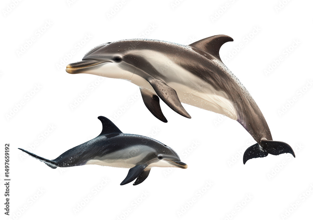 Fototapeta premium Two dolphins are jumping isolated on transparent background