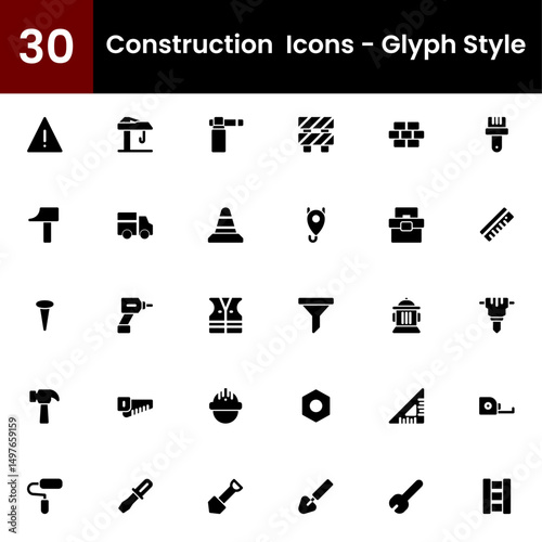 Construction  Icons - Glyph Style, Filled Line Style, Construction icons set. Home repair tools outline icons collection. Construction tools, builders and equipment symbols. stock vector.