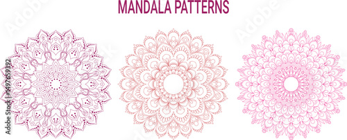 Mandala Pattern Designs in three different styles. floral mandala Indian style  colored vector illustration on white background, hand drawn Indian traditional and cultural. Vector abstract mandala.