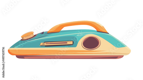 A digital illustration of a retro-styled slide projector, rendered in a cartoonish style. The projector is predominantly teal with orange accents, featuring a simplified design with rounded edges.