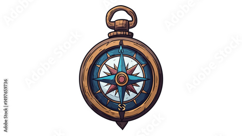 A digital illustration depicts a detailed antique compass, rendered in a painterly style. The compass is circular with a gold-toned outer frame showing signs of age and wear. The inner compass