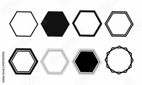 Hexagon shape set in black and white styles. Includes solid, outline, double line, and decorative versions. Perfect for logos, frame,text,symbol,badges, icons, and UI elements.