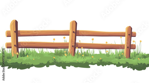 A digital illustration depicting a simple, rustic wooden fence composed of two horizontal rails supported by evenly spaced, upright posts. The fence is rendered in a cartoonish style with smooth.