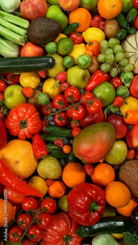 Different Types of Fresh Fruit and Vegetables on a Pile , Close-up