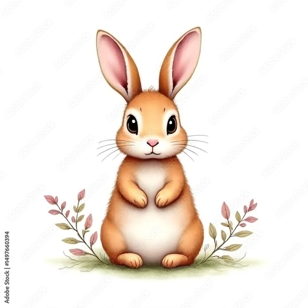 Fototapeta premium Adorable Cartoon Rabbit with Delicate Floral Accents