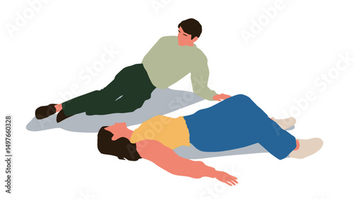 The image is a minimalist vector illustration depicting a man and a woman lying on the floor in a recovery position. The man is partially supporting the woman. The illustration style is simple.