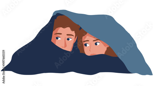 A digital illustration depicts a young couple partially concealed under a large, dark blue blanket. The style is minimalist and cartoonish, featuring flat, solid colors with minimal shading or.