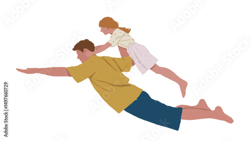 A digitally rendered illustration depicts a father and daughter in a playful pose, the father lying prone in a superman-like position, carrying the daughter on his back as if flying. The style is.