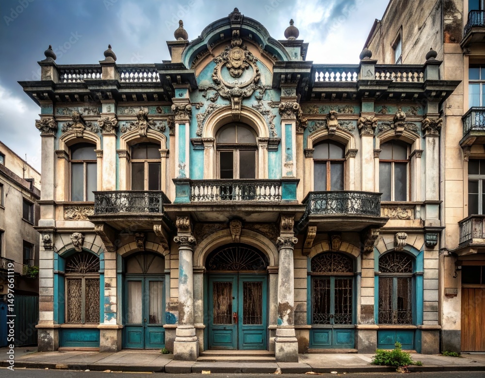 Fototapeta premium Intricate details of an abandoned Art Deco building facade Generative AI