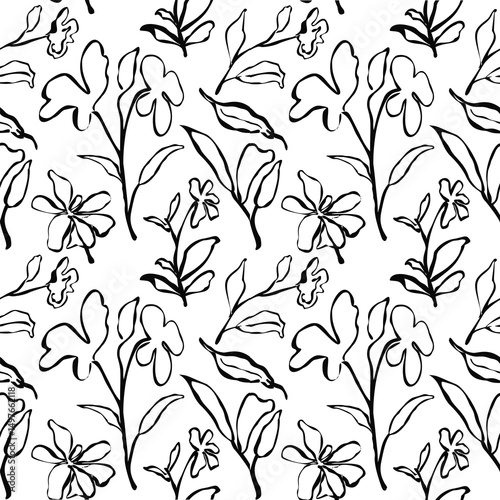 Seamless black and white floral pattern with hand-drawn wildflowers and leaves. Elegant and minimalist design perfect for fabric, wallpaper, packaging, and digital backgrounds