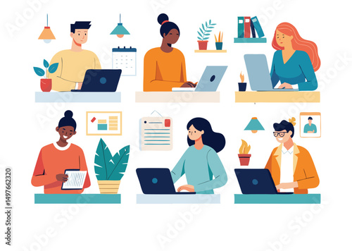 Diverse Team of Professionals Working on Laptops in Modern Office Setting