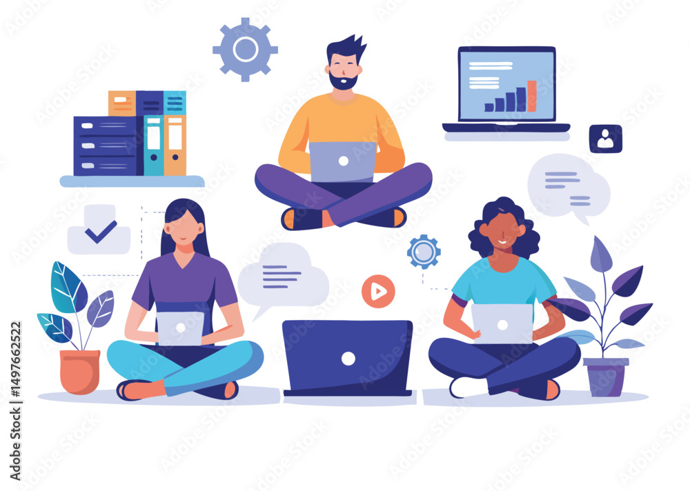 Naklejka premium Remote Team Collaboration Diverse Workers Using Laptops