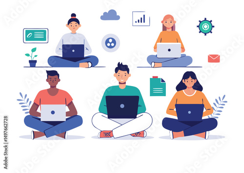 Diverse Team Working Remotely on Laptops in a Modern Setting