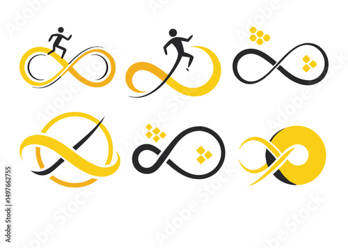 Collection of Abstract Infinity Symbols with Running Figures and Geometric Designs