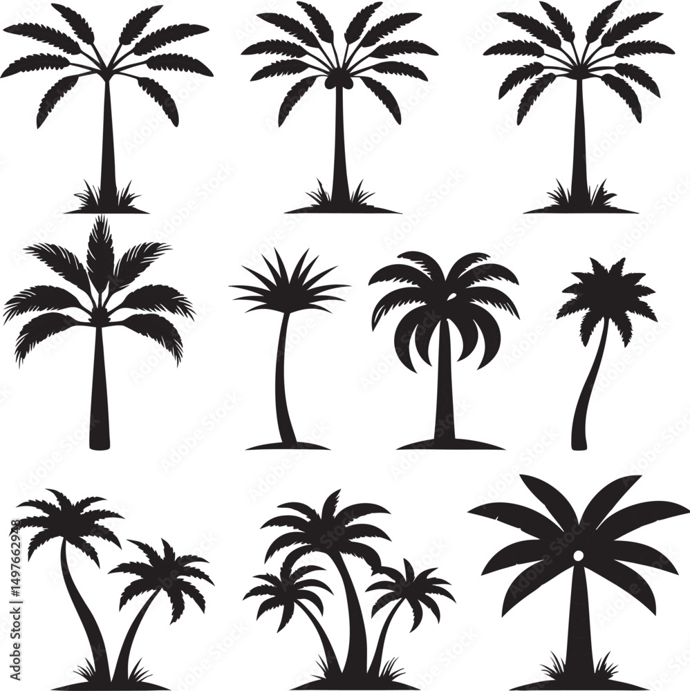 Fototapeta premium Twelve Black Silhouettes of Palm Trees on White
