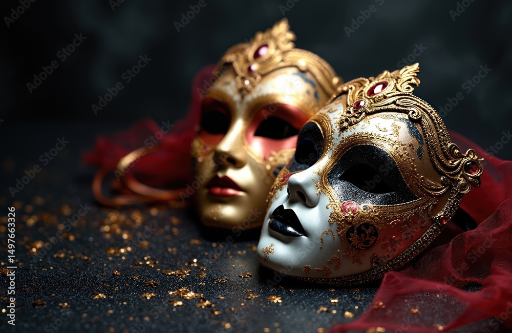 Naklejka premium Venetian masks on dark glitter background. Carnival masquerade masks with gold, red color elements. Fantasy, luxury, elegant party event or theatre performance celebration.