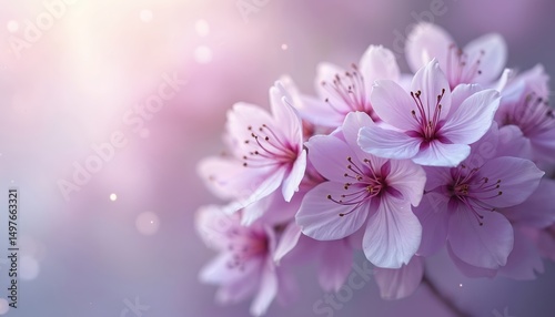 Ethereal purple blossoms in soft pastel hues. Delicate flowers float on blurred background with dreamy bokeh effect. Gentle floral design, tender beauty for wedding, love, romantic, spring.