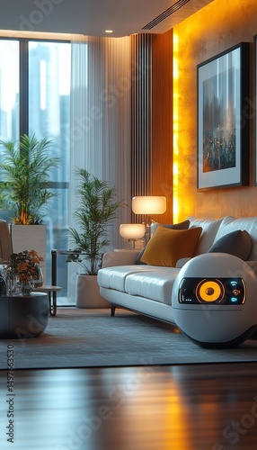Modern apartment living room, city view, cozy sofa, futuristic speaker