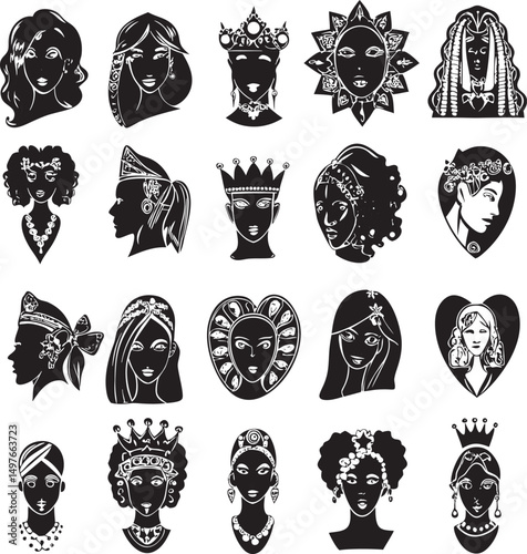 Collection of Black and White Silhouettes of Women with Crowns and Headwear