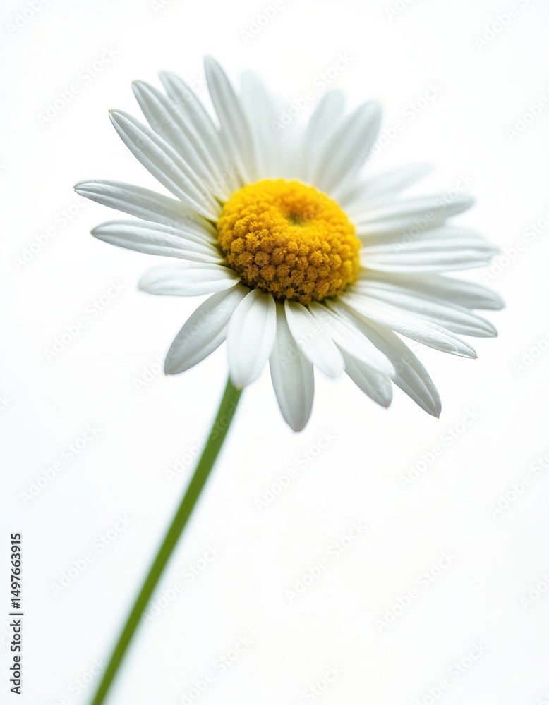 Fototapeta premium Close-up of chamomile flower isolated on white background. Daisy flower with yellow center and white petals. Nature plant, botanical, fresh, spring bloom. Health, beauty concept.