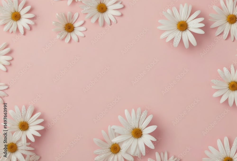 A pink background with white cosmos flowers, creating an elegant and minimalist floral border frame A pink background with white cosmos flowers, creating an elegant and minimalist floral border frame