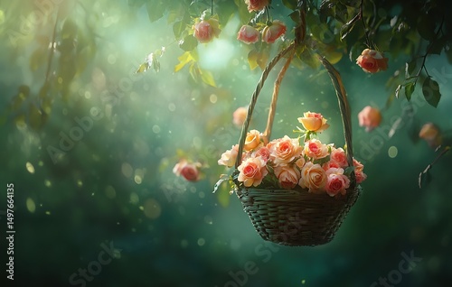 A basket of roses hanging from the tree, the flowers have pink and yellow petals