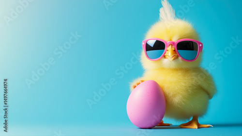 A cute yellow chick wearing sunglasses and holding a pink egg. The chick is posing for a photo, and the egg is placed in front of her. The image has a playful and lighthearted mood