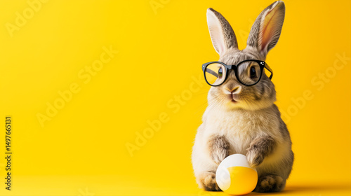 A rabbit wearing glasses is holding an egg in its mouth. The rabbit is sitting on a yellow background