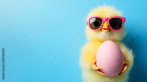A cute yellow chick wearing sunglasses and holding a pink egg. The image has a playful and lighthearted mood