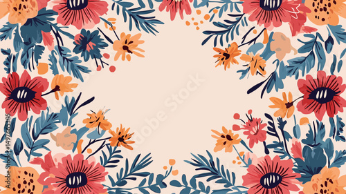 The image presents a digital illustration mimicking a watercolor painting style. It features a square frame composed of stylized floral elements. The flowers are rendered in varying shades.