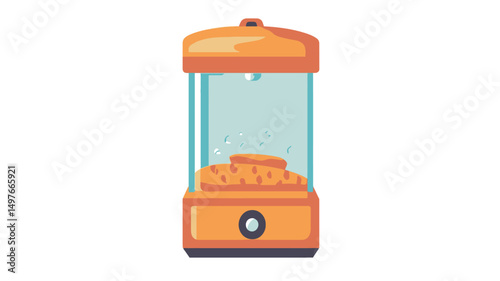 A digital illustration depicts a stylized retro claw machine. The machine is rendered in a cartoonish style with a predominantly orange and yellow color palette. The upper portion is a clear,.