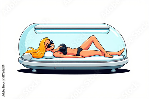 Pretty Woman Sunbathing in Solarium Machine – Cartoon Vector Illustration on White Background