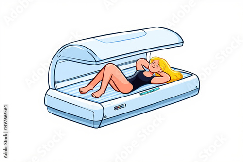 Pretty Woman Cartoon Sunbathing in Solarium Vector Illustration