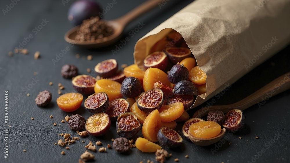 Fototapeta premium Dried Fig and Apricot Mix Spilled on Dark Slate with Spoon