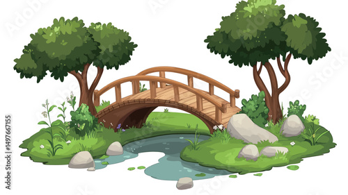 The image is a digital illustration depicting a small, wooden arched bridge spanning a narrow stream. The bridge is rendered in warm brown tones, suggesting wood. The stream is depicted with.