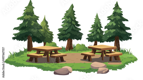 The image is a digital illustration depicting a small, idyllic picnic area nestled within a cluster of evergreen pine trees. The style is cartoonish, with flat shading and a slightly simplified.
