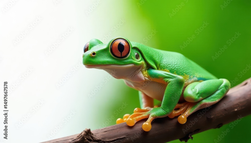 Fototapeta premium Green tree frog perched on white, vibrant colors, fauna, nature, wildlife photography