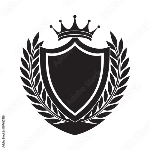 Royal Shield Crest with Crown and Laurel Wreath Black and White Vector Silhouette