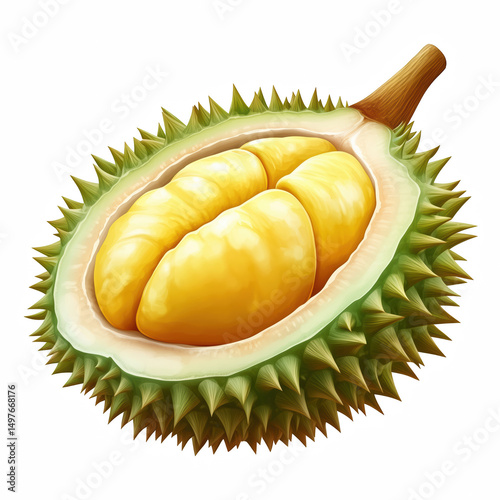 Whole durian fruit cut open with yellow pulp isolated on transparent background

