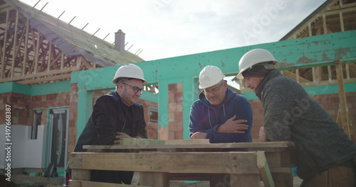 Three construction workers in hard hats collaborating on a building site, discussing project details on wooden worktable near unfinished structure in progress
