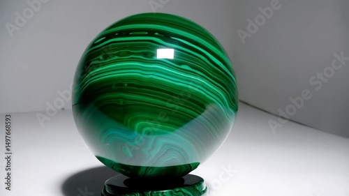 Polished malachite sphere with concentric bands on a stand in studio lighting, mineral specimen exhibiting banded patterns and emerald green color.