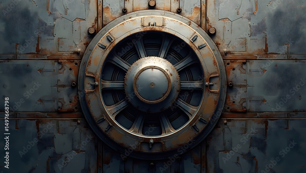 Fototapeta premium Steampunk Industrial Circular Mechanism Design Aesthetically Pleasing Rusty Metal Texture Dark Grey Background Intricate Details