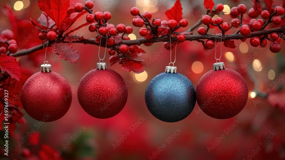 Obraz premium Festive red and blue Christmas ornaments hanging on a branch with berries