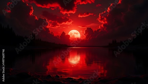 Blood Red Moon Over Silent Lake,Crimson Sky Reflecting On Water,Trees Silhouetted Against Fiery Glow,An Eerie Yet Captivating Night Scene