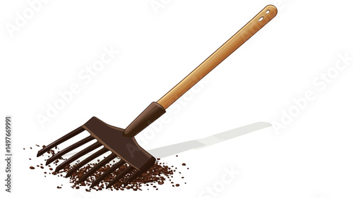 The image showcases a close-up view of a small garden hand rake with a light brown wooden handle and a dark brown plastic or metal head. The rake's tines are slightly curved and appear to be.