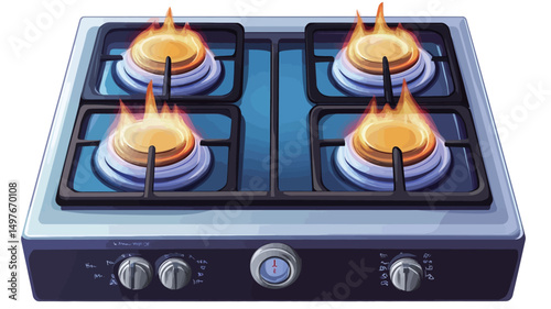 The image shows a high-angle, close-up view of a rectangular four-burner gas stovetop. Each burner is depicted with vibrant, stylized orange and yellow flames against a blue-tinged burner base.