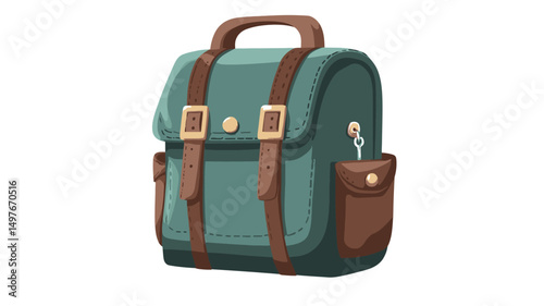 A digital illustration depicts a vintage-style backpack rendered in a teal color with brown leather straps, buckles, and accents. The backpack has a curved shape with a top handle and two side.