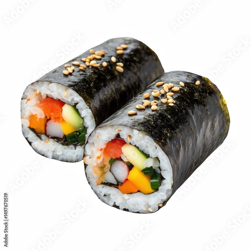 Korean gimbap rolls with seaweed and sesame seeds isolated on transparent background.