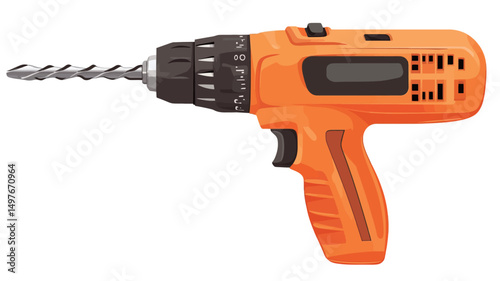 Close-up studio shot of an orange cordless drill against a white background. The drill is depicted in three-quarter view, showcasing its ergonomic design, including the trigger, variable speed.