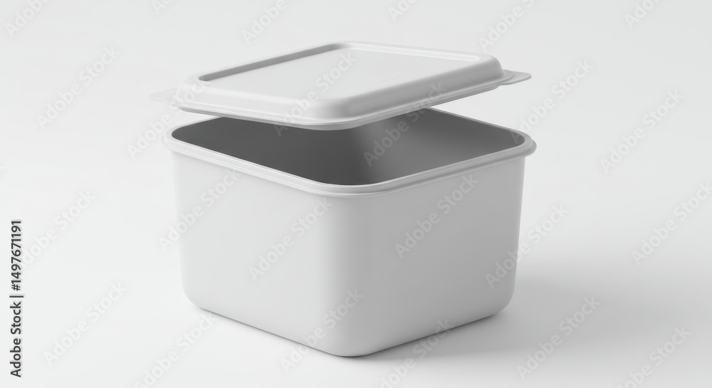 Gray plastic container with a lid slightly raised on a white background. Gray plastic container with a lid slightly raised on a white background.